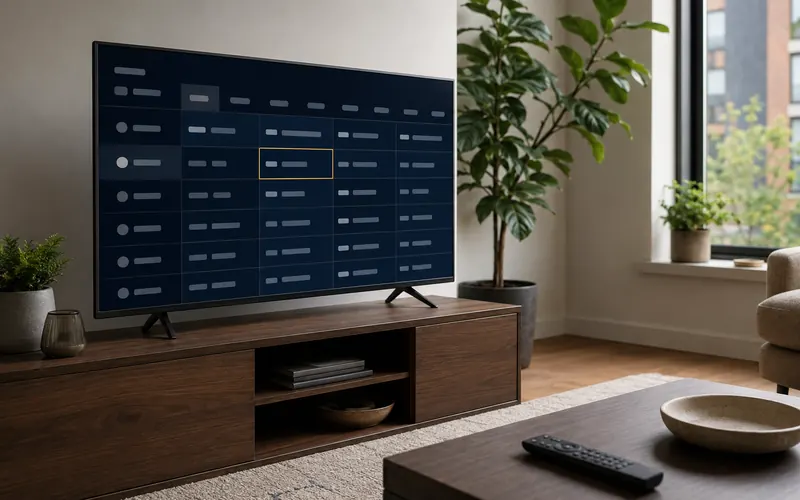 The channel guide shown on a television