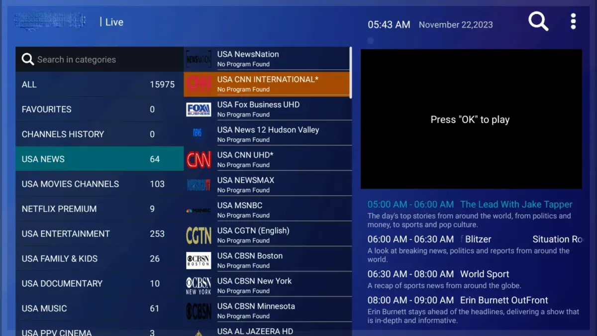 Channel categories loaded in an IPTV player